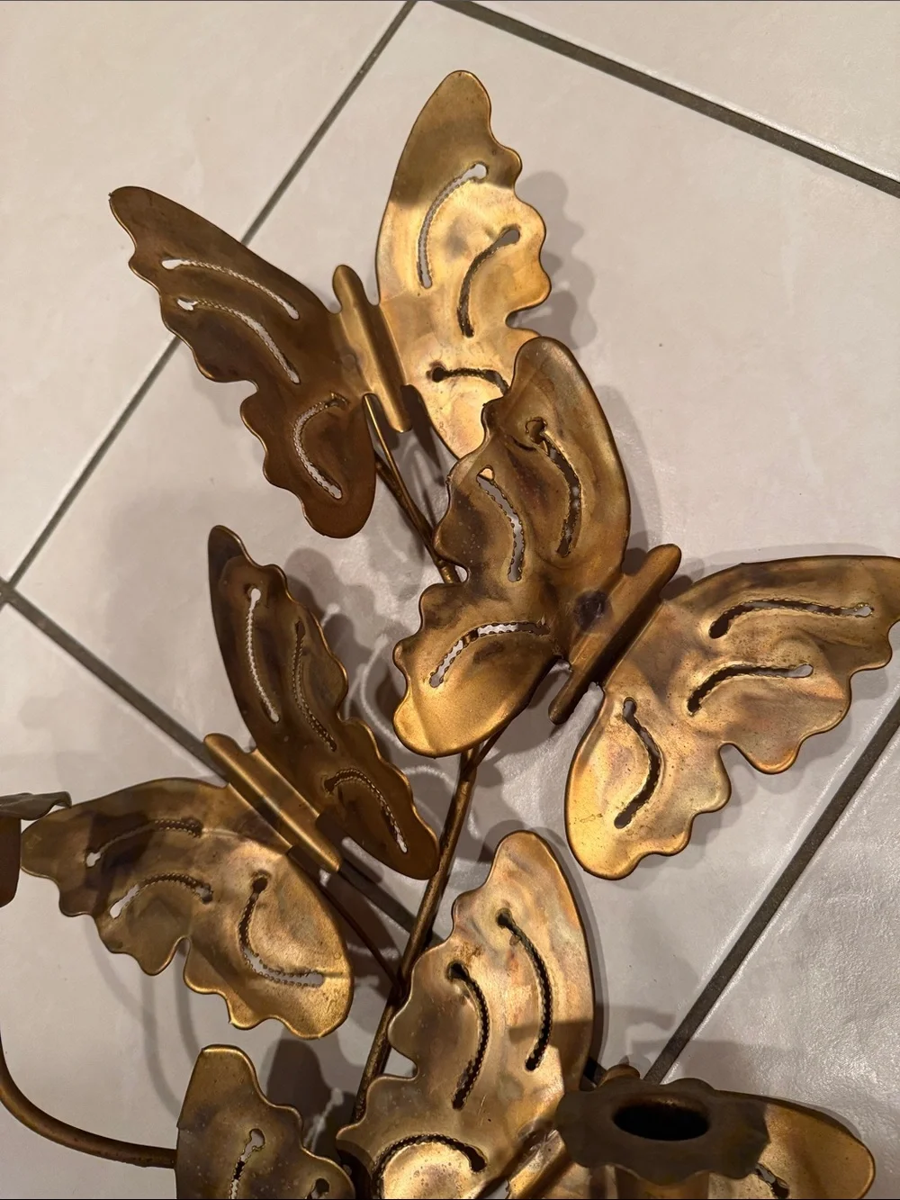 Vintage Brass Tone Butterfly Candle Holder Wall Sconce Metal Art MCM